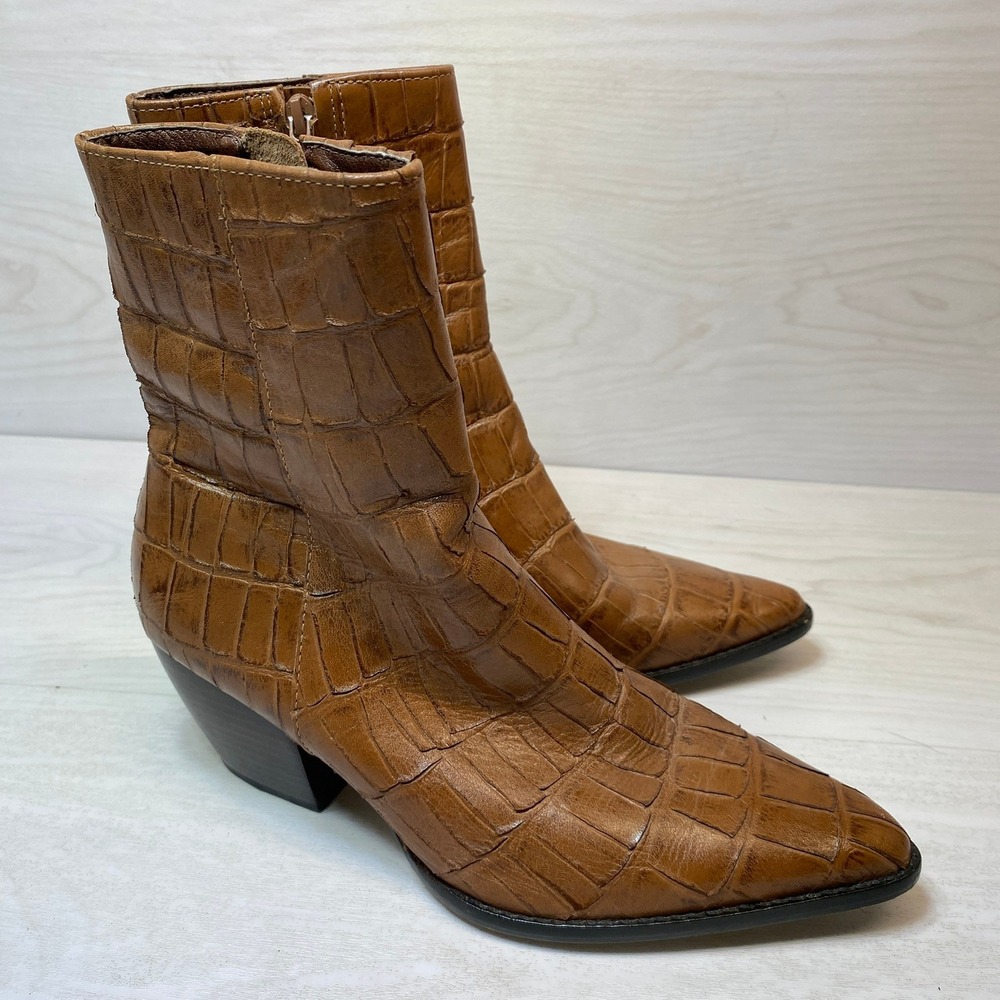 Matisse Womens 7M Caty Ankle Boots Western Pointed Toe Brown Leather Croc Bootie